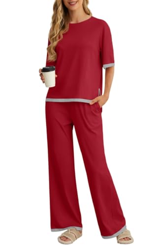PrinStory Pyjama Damen Kurzarm Rundhals Schlafanzug Sommer Farbblock Nachtwäsche Mit Seitenschlitz Oberteil Und Hose (Weinrot, XL) von PrinStory