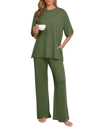PrinStory Pyjama Damen Kurzarm Schlafanzüge Runder Halsausschnitt Strick Nachtwäsche Lange Schlafanzughose Mit Geradem Bein Nachtwäsche (Armeegrün, S) von PrinStory