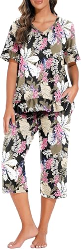 PrinStory Pyjama Damen V-Ausschnitt Schlafanzug Kurzarm Oberteil Und 3/4 Lange Schlafanzughosen Rüschensaum Nachtwäsche (Großes Blatt Rosa, XXL) von PrinStory