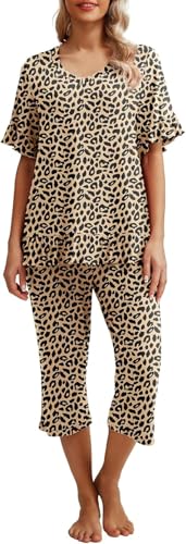 PrinStory Pyjama Damen V-Ausschnitt Schlafanzug Kurzarm Oberteil Und 3/4 Lange Schlafanzughosen Rüschensaum Nachtwäsche (Ld Khaki, XXL) von PrinStory