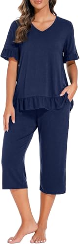 PrinStory Pyjama Damen V-Ausschnitt Schlafanzug Kurzarm Oberteil Und 3/4 Lange Schlafanzughosen Rüschensaum Nachtwäsche (Marineblau, XXL) von PrinStory