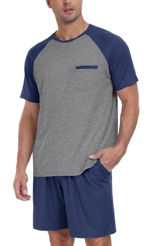 PrinStory Pyjama Herren Kurz Sommer Schlafanzug Männer Colour-Blocking Raglanärmel Schlafanzugoberteile Kurz Pyjama Hosen Mit Taschen (Marineblau, S) von PrinStory