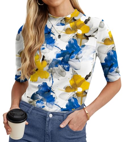 PrinStory Rollkragenshirt Damen Elegant Halbarm Shirt Baumwolle Stehkragen T-Shirt Damen Basic Kurzarm Unterziehrolli Oberteile (Blau Gelb Blume, L) von PrinStory