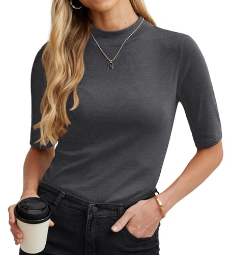 PrinStory Rollkragenshirt Damen Elegant Halbarm Shirt Baumwolle Stehkragen T-Shirt Damen Basic Kurzarm Unterziehrolli Oberteile (Dunkelgrau, XL) von PrinStory