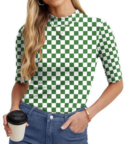 PrinStory Rollkragenshirt Damen Elegant Halbarm Shirt Baumwolle Stehkragen T-Shirt Damen Basic Kurzarm Unterziehrolli Oberteile (Kariert Weiß Grün, XXL) von PrinStory