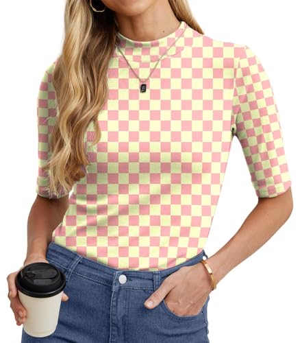 PrinStory Rollkragenshirt Damen Elegant Halbarm Shirt Baumwolle Stehkragen T-Shirt Damen Basic Kurzarm Unterziehrolli Oberteile (Kariert Weiß Rosa, M) von PrinStory