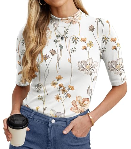 PrinStory Rollkragenshirt Damen Elegant Halbarm Shirt Baumwolle Stehkragen T-Shirt Damen Basic Kurzarm Unterziehrolli Oberteile (Tinte Lotus, L) von PrinStory