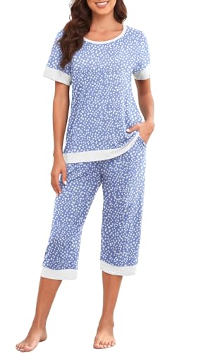 PrinStory Schlafanzüge Für Damen Kurzarm Damen Pyjama Set Leicht Schlafanzugoberteile Und Caprihose Nachtwäsche Pjs Sets Mit Taschen (Blau Spot, S) von PrinStory