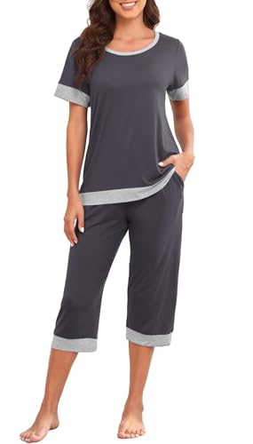 PrinStory Schlafanzüge Für Damen Kurzarm Damen Pyjama Set Leicht Schlafanzugoberteile Und Caprihose Nachtwäsche Pjs Sets Mit Taschen (Dunkelgrau, XL) von PrinStory