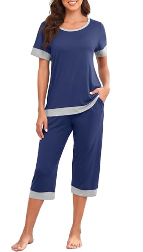 PrinStory Schlafanzüge Für Damen Kurzarm Damen Pyjama Set Leicht Schlafanzugoberteile Und Caprihose Nachtwäsche Pjs Sets Mit Taschen (Marineblau, S) von PrinStory