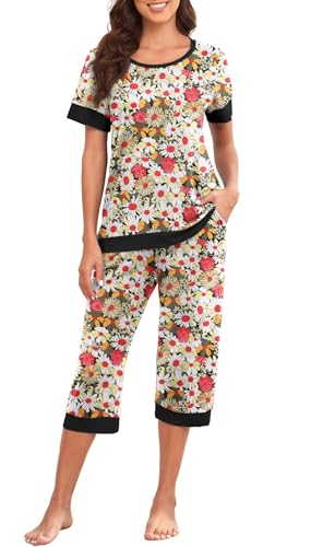 PrinStory Schlafanzüge Für Damen Kurzarm Damen Pyjama Set Leicht Schlafanzugoberteile Und Caprihose Nachtwäsche Pjs Sets Mit Taschen (Schwarze Gänseblümchen, L) von PrinStory