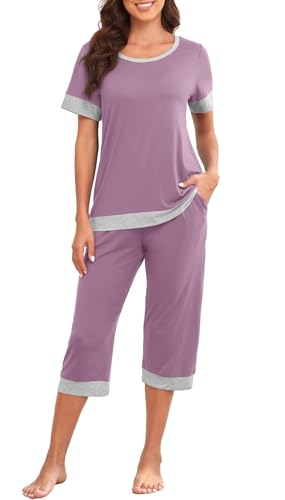 PrinStory Schlafanzüge Für Damen Kurzarm Damen Pyjama Set Leicht Schlafanzugoberteile Und Caprihose Nachtwäsche Pjs Sets Mit Taschen (Violett Rot, XL) von PrinStory