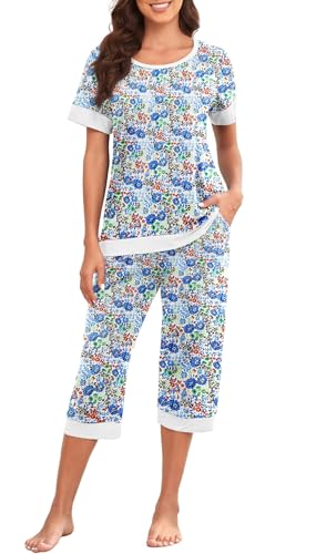 PrinStory Schlafanzüge Für Damen Kurzarm Damen Pyjama Set Leicht Schlafanzugoberteile Und Caprihose Nachtwäsche Pjs Sets Mit Taschen (Weißblaue Blume, XL) von PrinStory