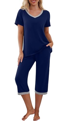 PrinStory Schlafanzüge Für Damen Kurzarm V-Ausschuss Schlafanzugoberteile Und Pyjamahose Mit Taschen Pyjama Set Nachtwäsche (Marineblau, L) von PrinStory