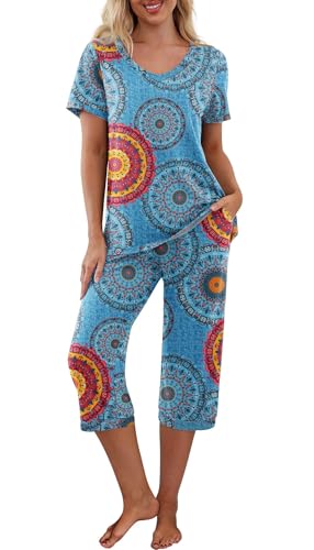 PrinStory Schlafanzüge Für Damen Kurzarm V-Ausschuss Schlafanzugoberteile Und Pyjamahose Mit Taschen Pyjama Set Nachtwäsche (Mix Blau, XXL) von PrinStory
