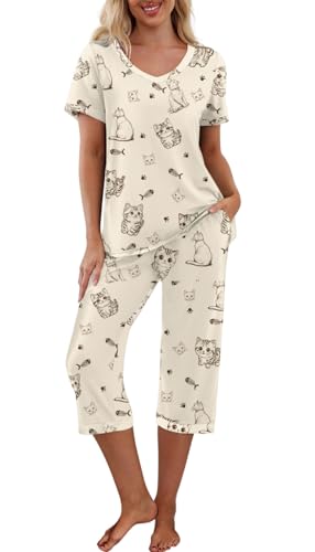 PrinStory Schlafanzüge Für Damen Kurzarm V-Ausschuss Schlafanzugoberteile Und Pyjamahose Mit Taschen Pyjama Set Nachtwäsche (Niedlicher Katzenpark, S) von PrinStory