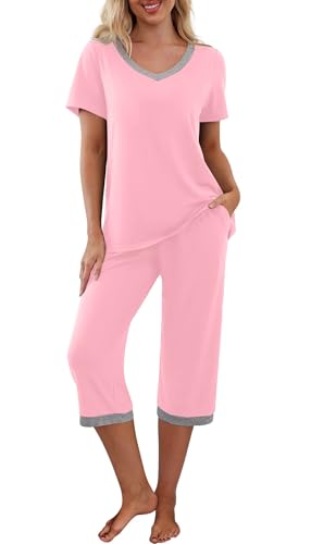 PrinStory Schlafanzüge Für Damen Kurzarm V-Ausschuss Schlafanzugoberteile Und Pyjamahose Mit Taschen Pyjama Set Nachtwäsche (Rosa, M) von PrinStory
