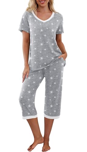 PrinStory Schlafanzüge Für Damen Kurzarm V-Ausschuss Schlafanzugoberteile Und Pyjamahose Mit Taschen Pyjama Set Nachtwäsche (Weißer Stern Grau, L) von PrinStory