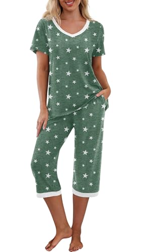 PrinStory Schlafanzüge Für Damen Kurzarm V-Ausschuss Schlafanzugoberteile Und Pyjamahose Mit Taschen Pyjama Set Nachtwäsche (Weißer Stern Grün, XL) von PrinStory