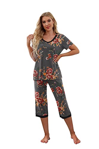 PrinStory Schlafanzüge Für Damen Kurzarm V-Ausschuss Schlafanzugoberteile Und Schlafanzughosen Mit Taschen Nachtwäsche Blumendruck (Blumen Schwarz, XL) von PrinStory