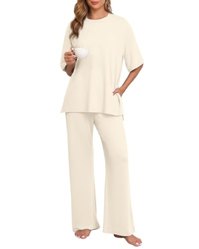 PrinStory Schlafanzüge Für Damen Pyjama Set Strick Kurzarm Nachtwäsche Lange Schlafanzughose Mit Geradem Bein Komfortabel Weicher Pyjama Set (Beige, L) von PrinStory