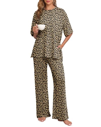 PrinStory Schlafanzüge Für Damen Pyjama Set Strick Kurzarm Runder Halsausschnitt Nachtwäsche Damen Sleepwear Lange Schlafanzughose Pyjama Set (Leopard Khaki, M) von PrinStory