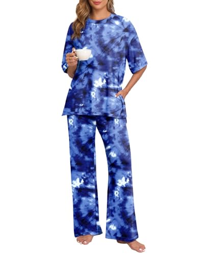 PrinStory Schlafanzüge Für Damen Pyjama Set Strick Kurzarm Seitenschlitz Runder Halsausschnitt Nachtwäsche Lange Pyjamahose Atmungsaktiv Zweiteiliger (Krawattenfärbung Blau, L) von PrinStory