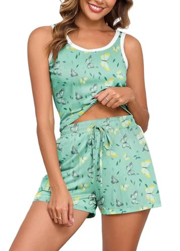 PrinStory Schlafanzüge Für Damen Pyjama Set Weste Lässig Ärmellose Nachtwäsche Damen Sleepwear Pyjamahose Mit Elastischer Bund Pyjama Set (FP Farbenfroher Schmetterling,XL) von PrinStory