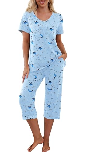 PrinStory Schlafanzug Damen Kurzarm 2 Stück Pyjamas Set Nachtwäsche V-Ausschnitt T Shirt Schlafanzughosen Blumendruck (Blauer Stern, XL) von PrinStory