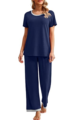 PrinStory Schlafanzug Damen Kurzarm Lässig Pyjama Set Rundhals Nachtwäsche Schlafanzugoberteile Und Lange Schlafanzughose Mit Taschen (Marineblau,L) von PrinStory