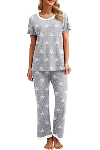 PrinStory Schlafanzug Damen Kurzarm Lässig Pyjama Set Rundhals Nachtwäsche Schlafanzugoberteile Und Lange Schlafanzughose Mit Taschen (Rosa Stern,L) von PrinStory