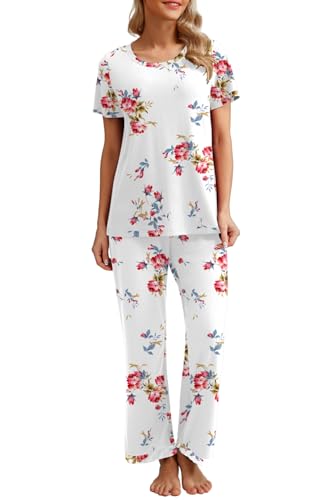 PrinStory Schlafanzug Damen Kurzarm Lässig Pyjama Set Rundhals Nachtwäsche Schlafanzugoberteile Und Lange Schlafanzughose Mit Taschen (Rose Weiß,XL) von PrinStory