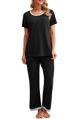 PrinStory Schlafanzug Damen Kurzarm Lässig Pyjama Set Rundhals Nachtwäsche Schlafanzugoberteile Und Lange Schlafanzughose Mit Taschen (Schwarz,XXL) von PrinStory