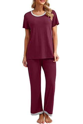 PrinStory Schlafanzug Damen Kurzarm Lässig Pyjama Set Rundhals Nachtwäsche Schlafanzugoberteile Und Lange Schlafanzughose Mit Taschen (Weinrot,XXL) von PrinStory