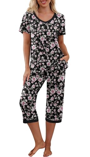 PrinStory Schlafanzug Damen Kurzarm Nachtwäsche Zweiteiliger Mit V-Ausschuss Pyjama Set Sleepwear Für Sommer Frühling Herbst Blumendruck (Rosa Blume Schwarz, S) von PrinStory