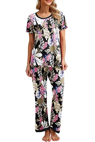 PrinStory Schlafanzug Damen Kurzarm Pyjama Set Rundhals Nachtwäsche Schlafanzugoberteile Und Lange Schlafanzughose Mit Taschen (Big Leaf Rosa,S) von PrinStory