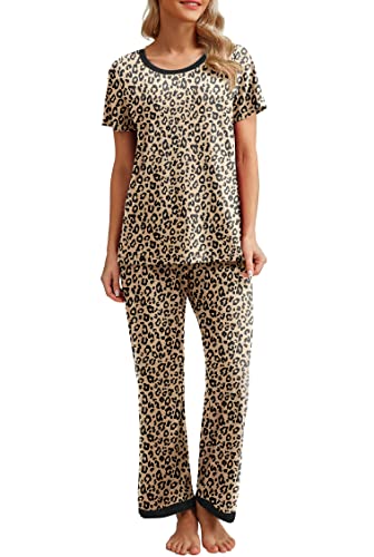 PrinStory Schlafanzug Damen Kurzarm Pyjama Set Rundhals Schlafanzugoberteile Und Lange Schlafanzughose Mit Taschen (Leopard Khaki,M) von PrinStory