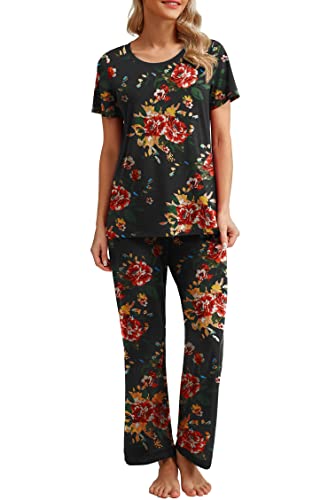 PrinStory Schlafanzug Damen Kurzarm Pyjama Set Rundhals Schlafanzugoberteile Und Lange Schlafanzughose Mit Taschen (Rot Braun Schwarz Rose,M) von PrinStory