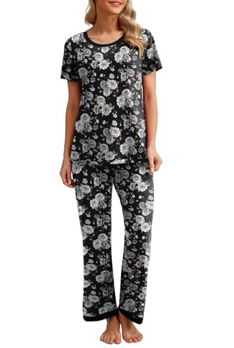 PrinStory Schlafanzug Damen Kurzarm Pyjama Set Rundhals Schlafanzugoberteile Und Lange Schlafanzughose Mit Taschen (Schwarz Silber Rose,XXL) von PrinStory