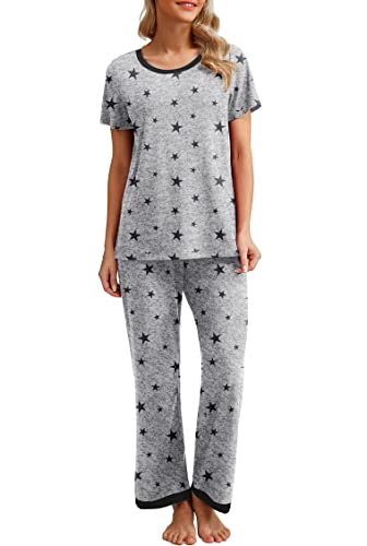 PrinStory Schlafanzug Damen Kurzarm Pyjama Set Rundhals Schlafanzugoberteile Und Lange Schlafanzughose Mit Taschen (Schwarzer Stern Grau,M) von PrinStory