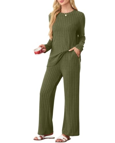 PrinStory Schlafanzug Damen Lang Pyjama Damen Gerippte Streifen Weiche Lounge Set Rundhals Lange Ärmel Schlafanzugoberteile Und Schlafanzughosen Mit Taschen (Armee Grün, L) von PrinStory