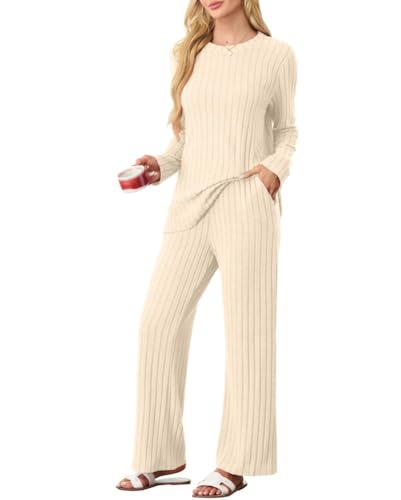 PrinStory Schlafanzug Damen Lang Pyjama Damen Gerippte Streifen Weiche Lounge Set Rundhals Lange Ärmel Schlafanzugoberteile Und Schlafanzughosen Mit Taschen (Beige, XL) von PrinStory