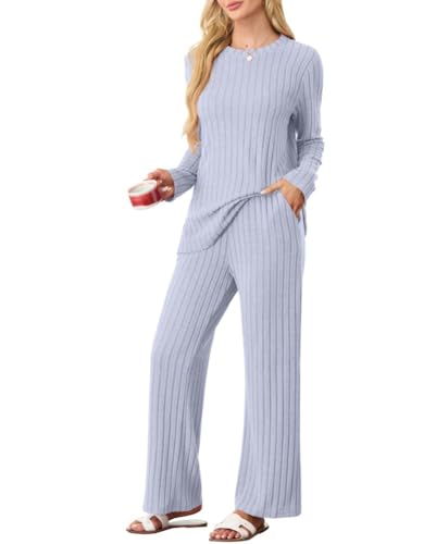 PrinStory Schlafanzug Damen Lang Pyjama Damen Gerippte Streifen Weiche Lounge Set Rundhals Lange Ärmel Schlafanzugoberteile Und Schlafanzughosen Mit Taschen (Graublau, S) von PrinStory
