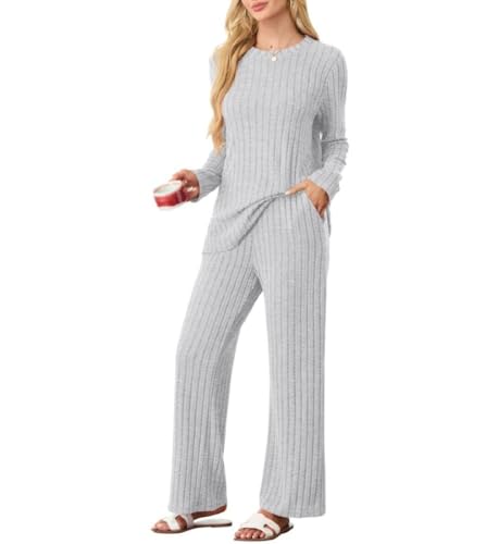 PrinStory Schlafanzug Damen Lang Pyjama Damen Gerippte Streifen Weiche Lounge Set Rundhals Lange Ärmel Schlafanzugoberteile Und Schlafanzughosen Mit Taschen (Hellgrau, M) von PrinStory