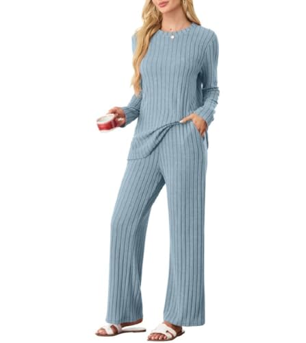 PrinStory Schlafanzug Damen Lang Pyjama Damen Gerippte Streifen Weiche Lounge Set Rundhals Lange Ärmel Schlafanzugoberteile Und Schlafanzughosen Mit Taschen (Himmelblau, S) von PrinStory
