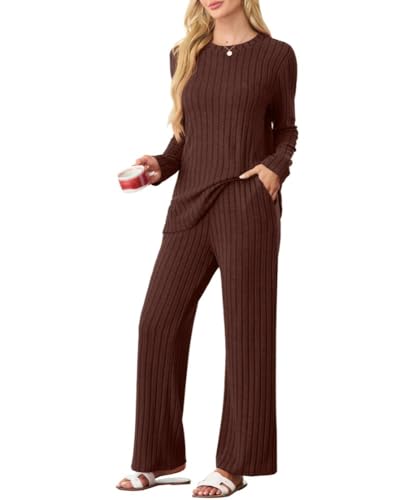 PrinStory Schlafanzug Damen Lang Pyjama Damen Gerippte Streifen Weiche Lounge Set Rundhals Lange Ärmel Schlafanzugoberteile Und Schlafanzughosen Mit Taschen (Kaffee, XL) von PrinStory