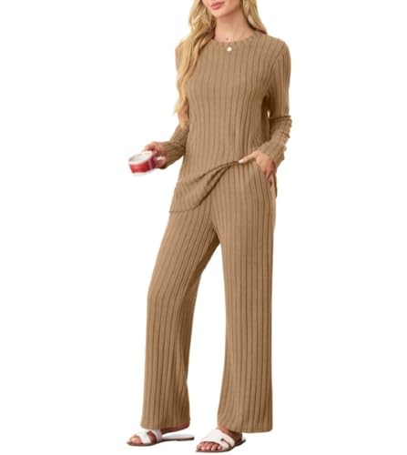 PrinStory Schlafanzug Damen Lang Pyjama Damen Gerippte Streifen Weiche Lounge Set Rundhals Lange Ärmel Schlafanzugoberteile Und Schlafanzughosen Mit Taschen (Khaki, L) von PrinStory