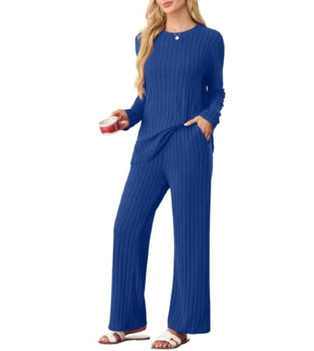 PrinStory Schlafanzug Damen Lang Pyjama Damen Gerippte Streifen Weiche Lounge Set Rundhals Lange Ärmel Schlafanzugoberteile Und Schlafanzughosen Mit Taschen (Königsblau, M) von PrinStory