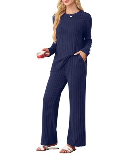 PrinStory Schlafanzug Damen Lang Pyjama Damen Gerippte Streifen Weiche Lounge Set Rundhals Lange Ärmel Schlafanzugoberteile Und Schlafanzughosen Mit Taschen (Marineblau, XL) von PrinStory