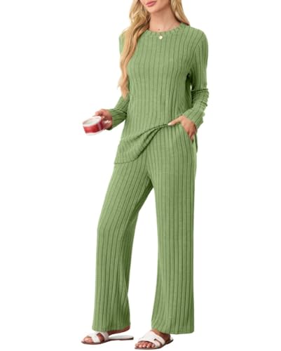 PrinStory Schlafanzug Damen Lang Pyjama Damen Gerippte Streifen Weiche Lounge Set Rundhals Lange Ärmel Schlafanzugoberteile Und Schlafanzughosen Mit Taschen (Obst Grün, L) von PrinStory